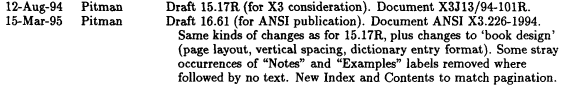 “12-Aug-94
Pitman
Draft 15.17R (for X3 consideration). Document X3J13/94-101R.
 
15-Mar-95
Pitman
Draft 16.61 (for ANSI publication). Document ANSI X3.226-1994.
  Same kinds of changes as for 15.17R plus changes to 'book design'
  (page layout, vertical spacing, dictionary entry format). Some stray
  occurrences of “Notes” and “Examples” labels removed where
  followed by no test. New Index and Contents to match pagination.”